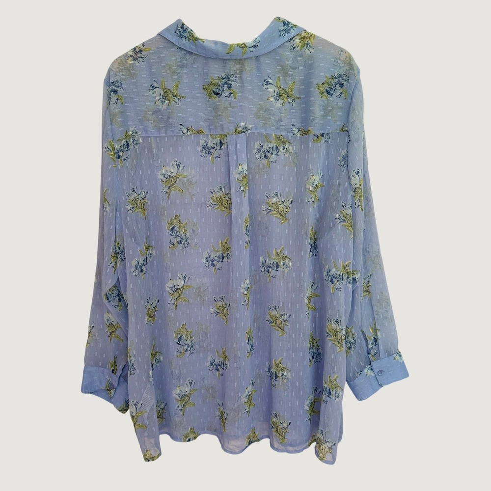 Denim & Co. Floral Button Front Blouse Women 3X Blue Sheer Clip Dot Long Sleeve - Picture 2 of 5